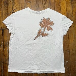 Zara Tee Shirt Women's Medium White Embellished Embroidered Flower Short Sleeve